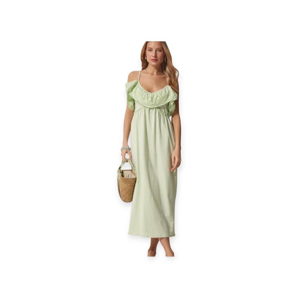 Zara Pistachio Cotton Eyelet Milkmaid Cottagecore Prairie Boho Maxi Dress Size S